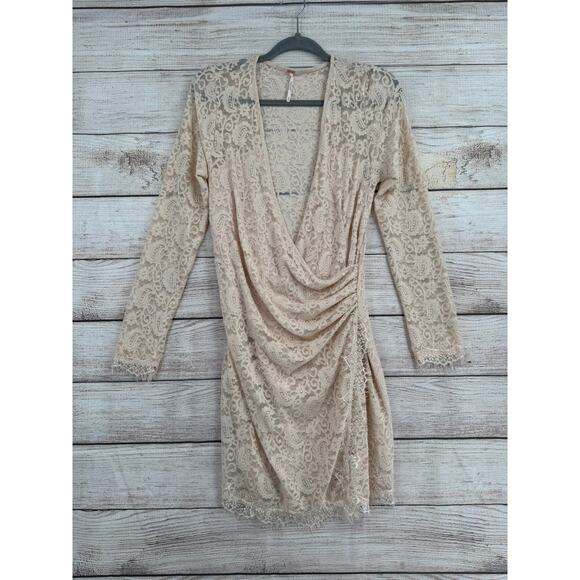 Free People Lace Wrap Dress Womens Medium Pink Cream Rough Hem Ruched Side - Picture 1 of 11